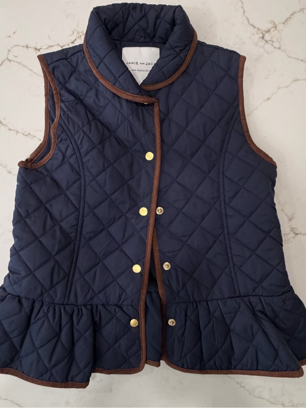 Janie and Jack Girls Navy Quilted Peplum Vest Brown Trim 10 12